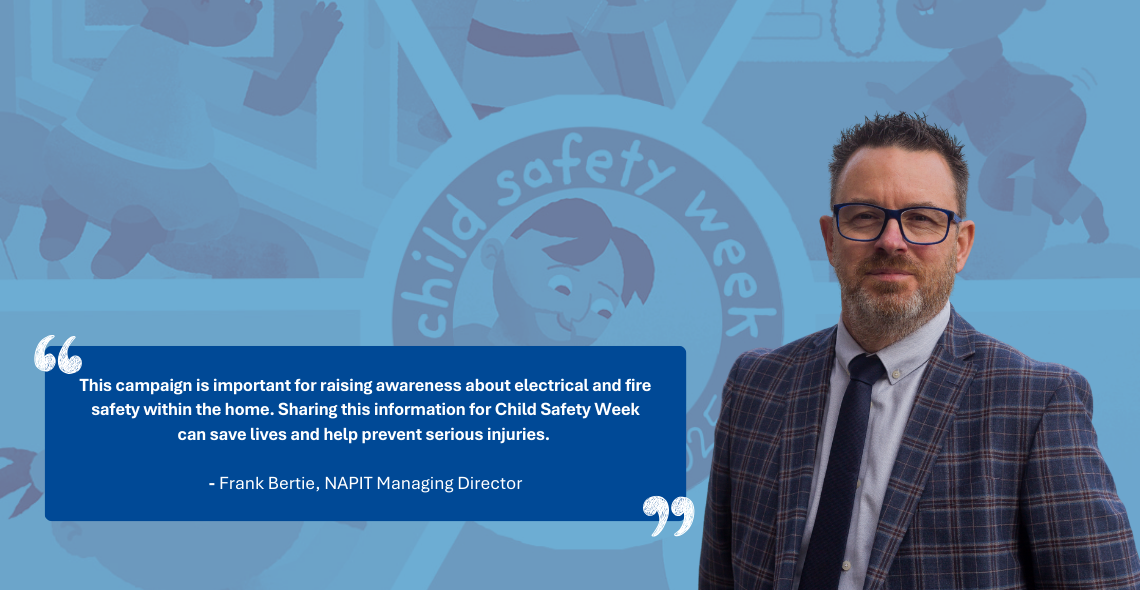 Frank Bertie next to image of child safety week logo