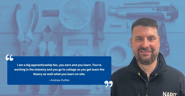 Andrew Duffen pictured next to blog quote in front of image of tools