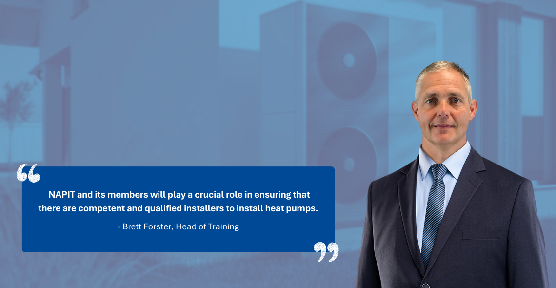 Brett Forster pictured next to blog quote with image of heat pump in the backgroup