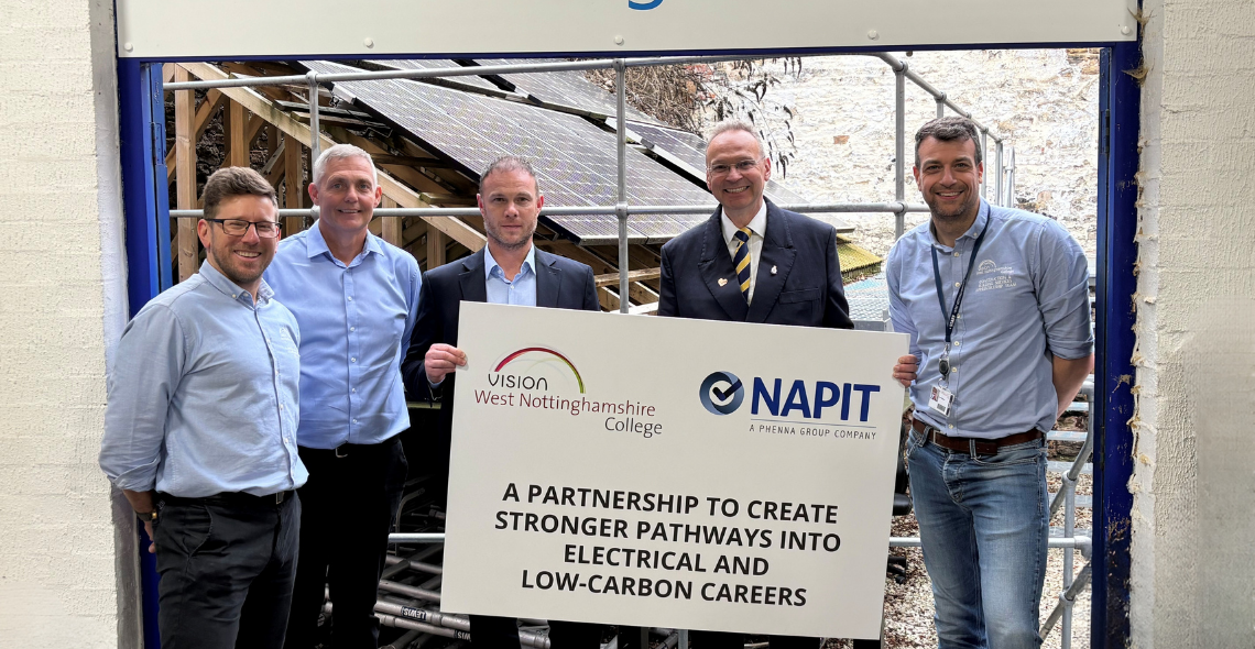 Staff at West Nottinghamshire College pictured with NAPIT Head of Training Brett Forster and Commercial and Compliance Director Stephen Melton