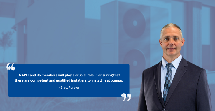 Brett Forster pictured next to blog quote with image of heat pump in the backgroup