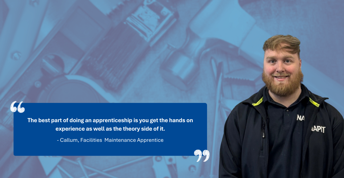 Napit apprentice Callum pictured next to blog quote in front of image of tools