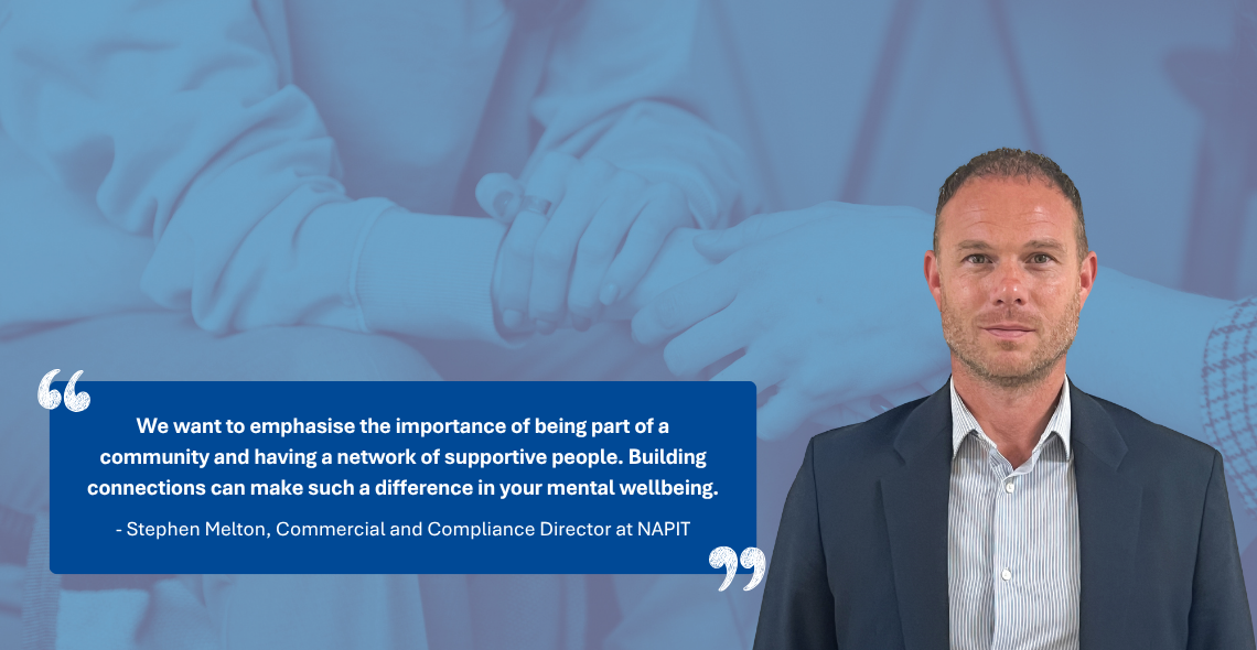 Stephen Melton in front of mental wellbeing handholding image